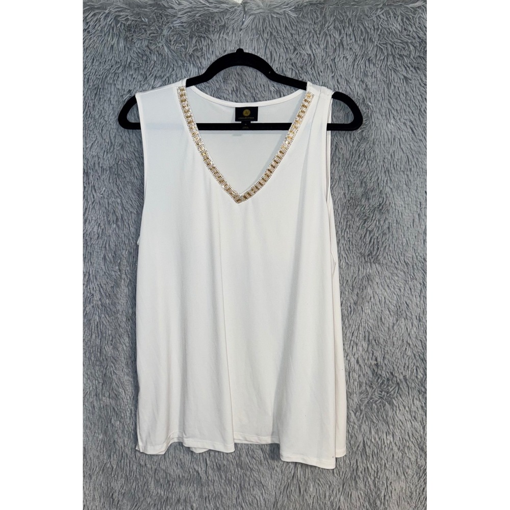 JM Collection White Embellished V‎ Neck Sleeveless Tank Top Women XL